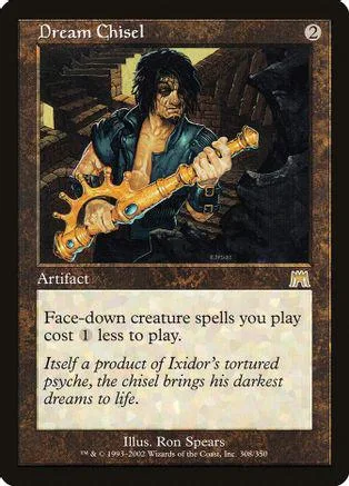 Dark-haired man with golden, spiky object in dark, ornate setting.