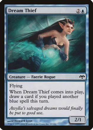 Elf rogue with glowing blue energy, card art, black frame.