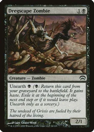 Zombie creature card art showing a monstrous figure in a dark, wooded landscape.