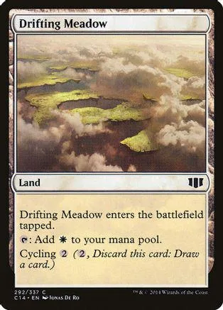 Land card art showing misty, green, rolling hills under clouds.