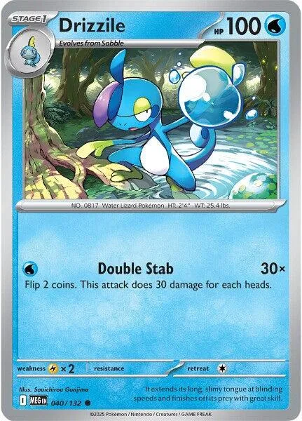 Blue and white Drizzile Pokémon card with water background art.
