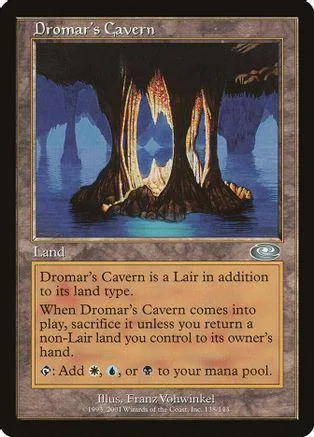 Dark cavern landscape with tree roots in water on a Magic: The Gathering card.