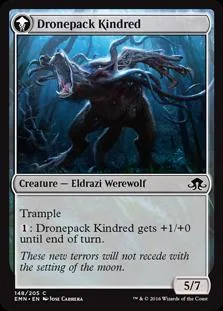 Black werewolf creature card with dark, shadowy forest background.