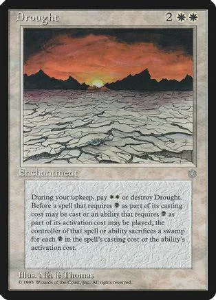 Drought Magic: The Gathering card art showing cracked earth under an orange sunset.