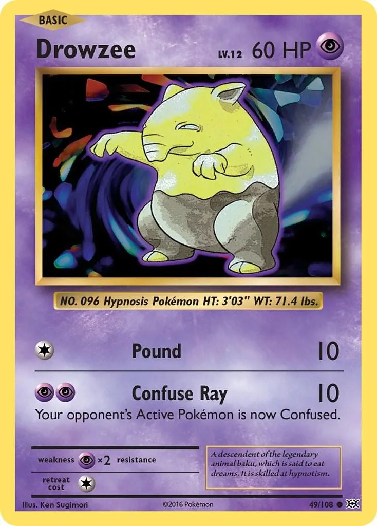 Yellow and gray Pokémon card, Drowzee, with attack and weakness details.