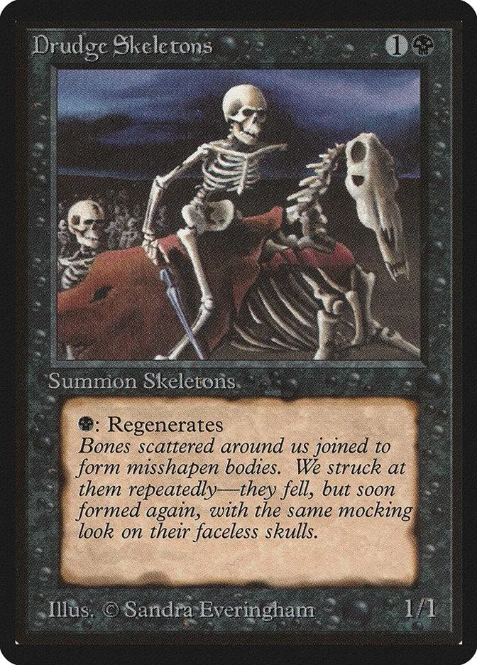 Skeleton creature on a dark background, red cloak, white bones, Magic: The Gathering card.