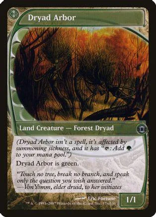 Forest scene artwork on a green Land Creature card, Dryad Arbor.