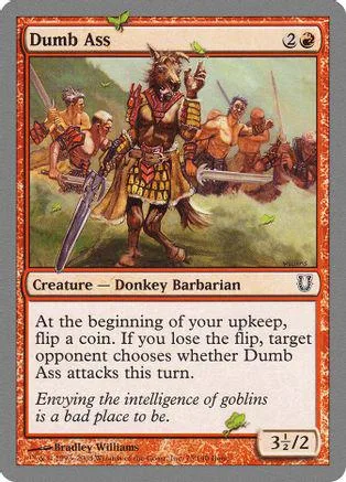 Goblin barbarian creature card art, brown and green tones, visible text and stats.