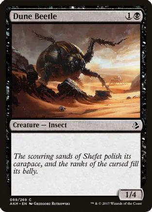 Dark beetle creature on sandy desert landscape, Magic: The Gathering card.