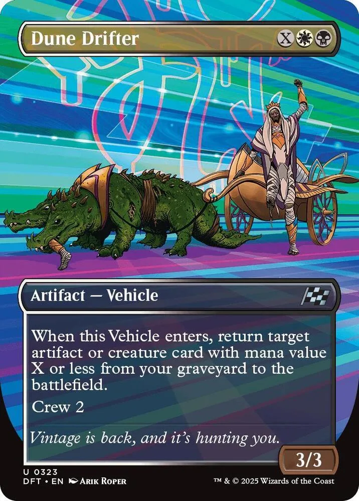 Green dinosaur vehicle with rider on a colorful, futuristic landscape.