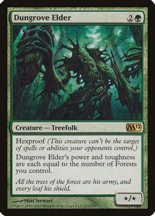 Dark, gnarled tree creature art on a green Magic: The Gathering card.