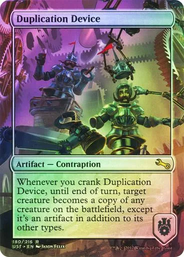 Blue and purple card art featuring armored figures in a mechanical setting.