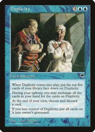 Magic: The Gathering card, Duplicity, featuring two figures in a dark, moody scene.