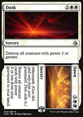 Magic: The Gathering card, Dusk, dark red and black cosmic explosion art.