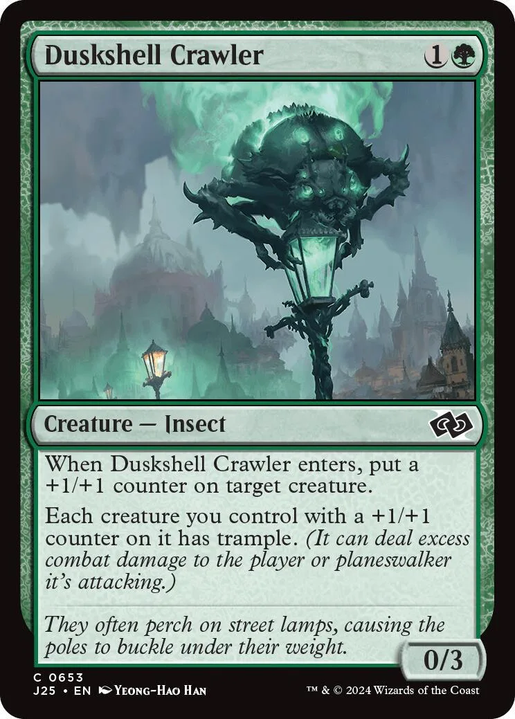 Dark green insect creature card featuring a glowing, shadowy skull in a misty landscape.