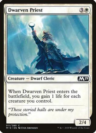 Dwarven Priest card art: robed figure holding glowing orb in blue light.