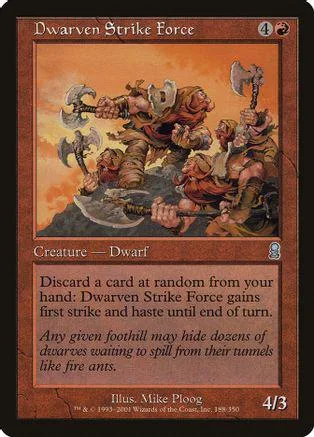 Dwarven Strike Force card art: dwarves fighting on a rocky terrain.