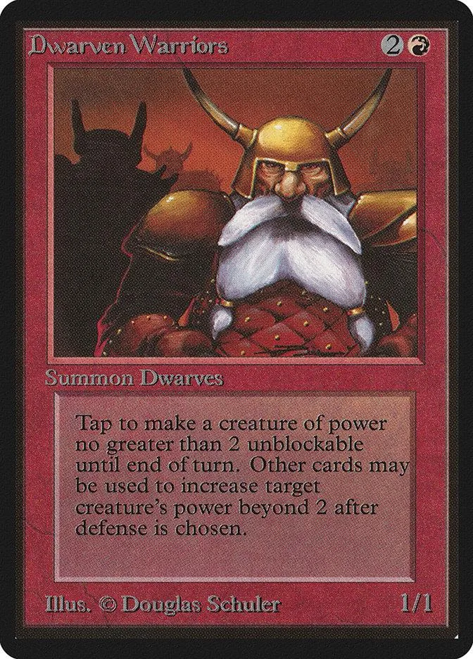 Dwarven Warriors card art: bearded warrior in gold helmet against dark background.