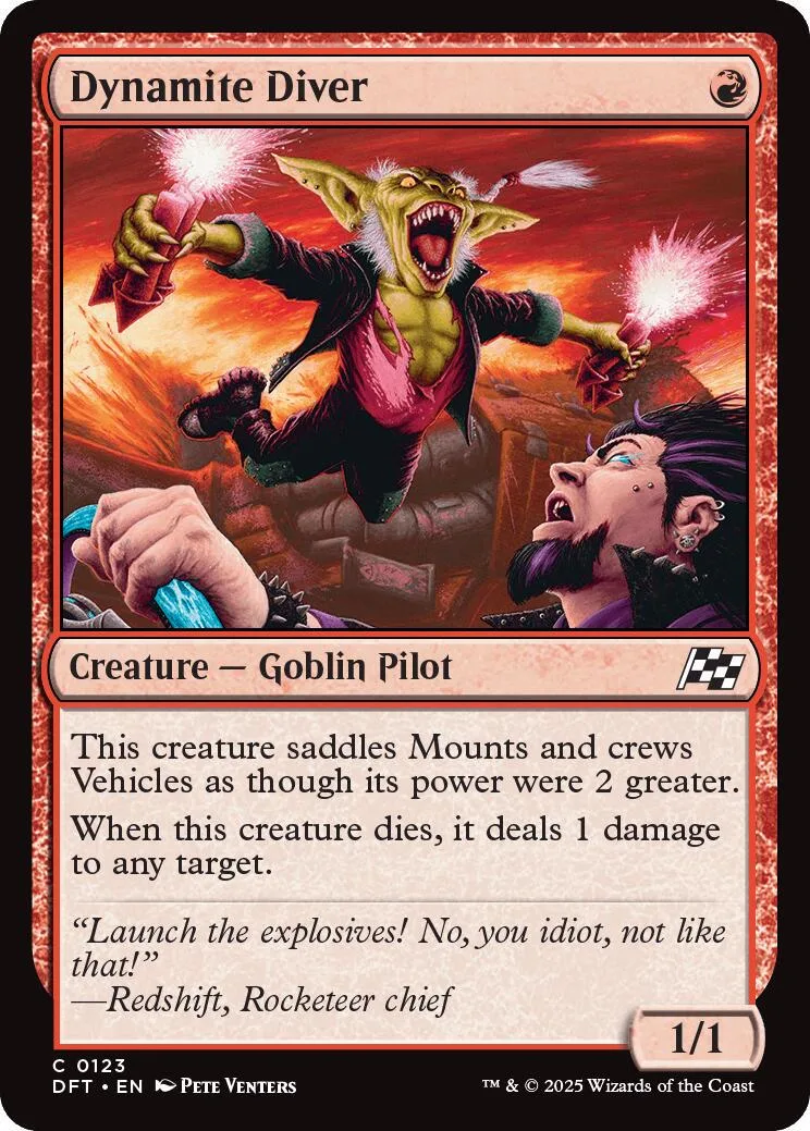 Green goblin pilot with pink suit throws fireballs over a man.