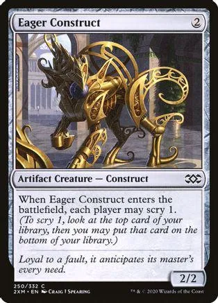 Gold and black construct creature card art. White and black border.