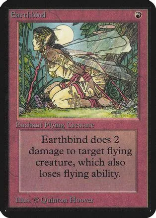 Winged creature on green landscape, card art, Earthbind text.