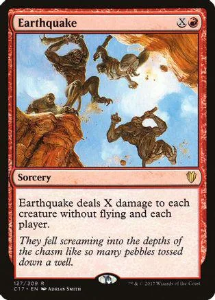 Card art depicts figures falling from a cliff into a chasm. Earthquake spell card.