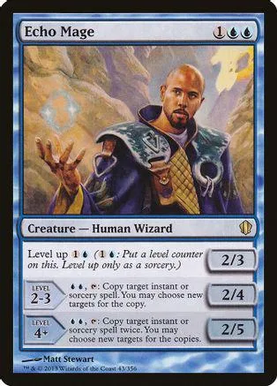 Card art of a bald man in blue and green robes, Echo Mage creature card.