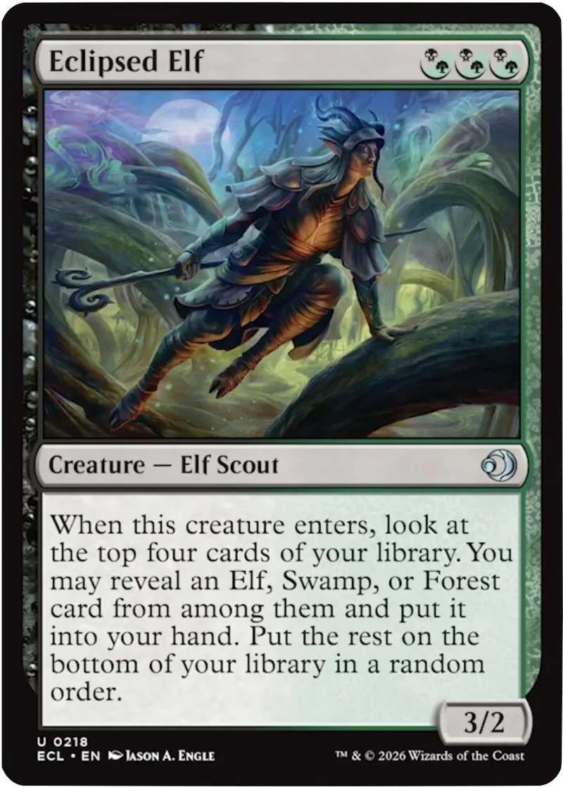 Elf Scout card art: figure in forest, blue and green tones.