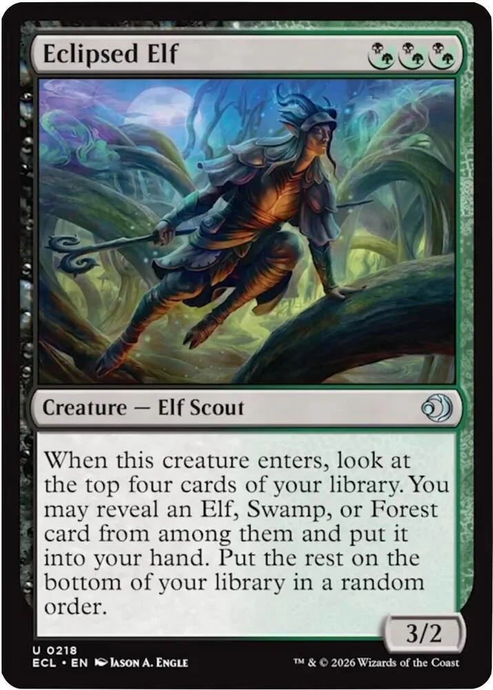 Elf scout card art: blue-green forest, elf figure in motion.