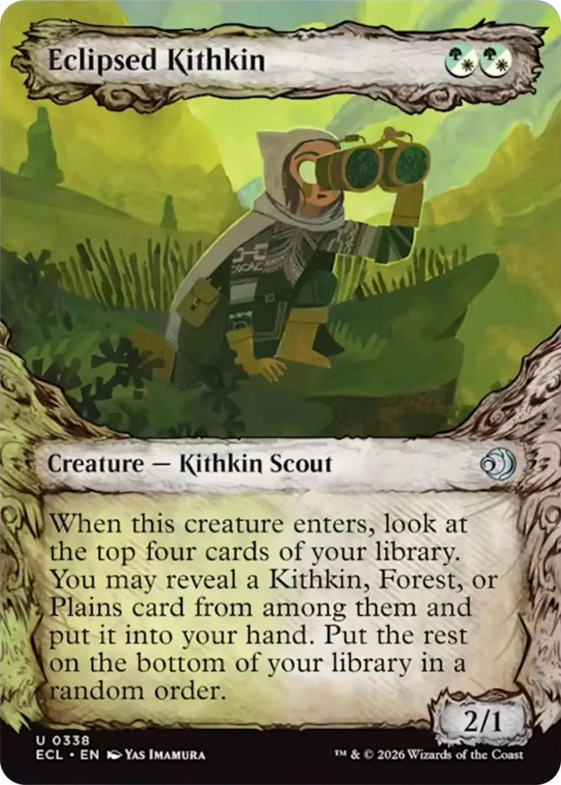 Card art depicts a scout in a hood looking through binoculars in a green landscape.