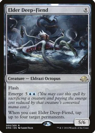 Dark octopus creature card art, black and blue tones, showing a large cephalopod.