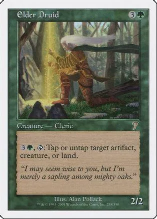 Elf-like druid in forest setting on a Magic: The Gathering card.