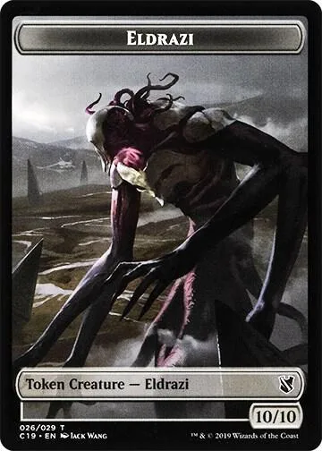 Dark, monstrous creature with long limbs on a fantasy landscape card.