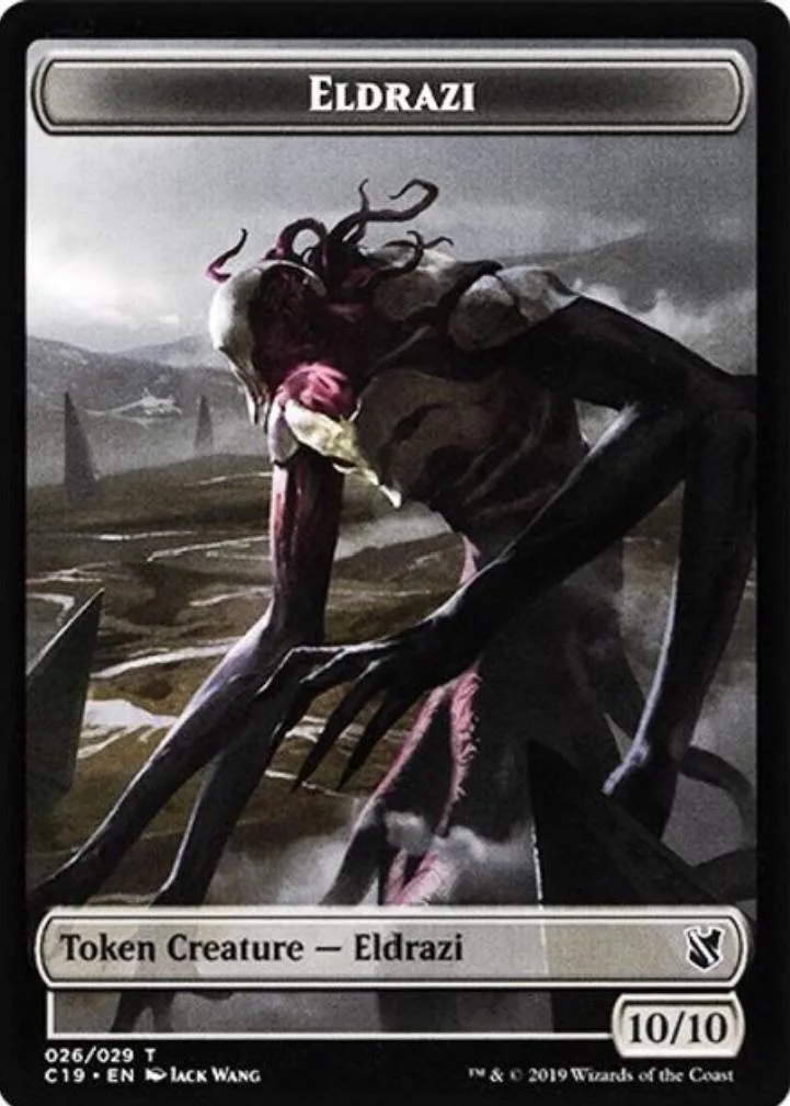 Dark, multi-limbed creature on a card with a desolate landscape background.