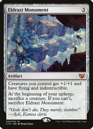 Blue and white fantasy creature on a rocky landscape, Eldrazi Monument Magic card.