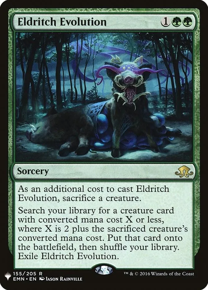 Dark, purple, and black creature on a green forest background. Magic card.