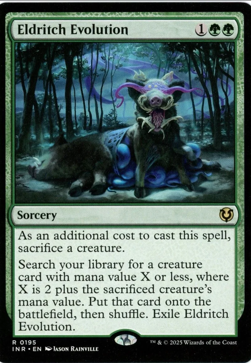 Dark, purple, and black creature on a forest background on a Magic: The Gathering card.