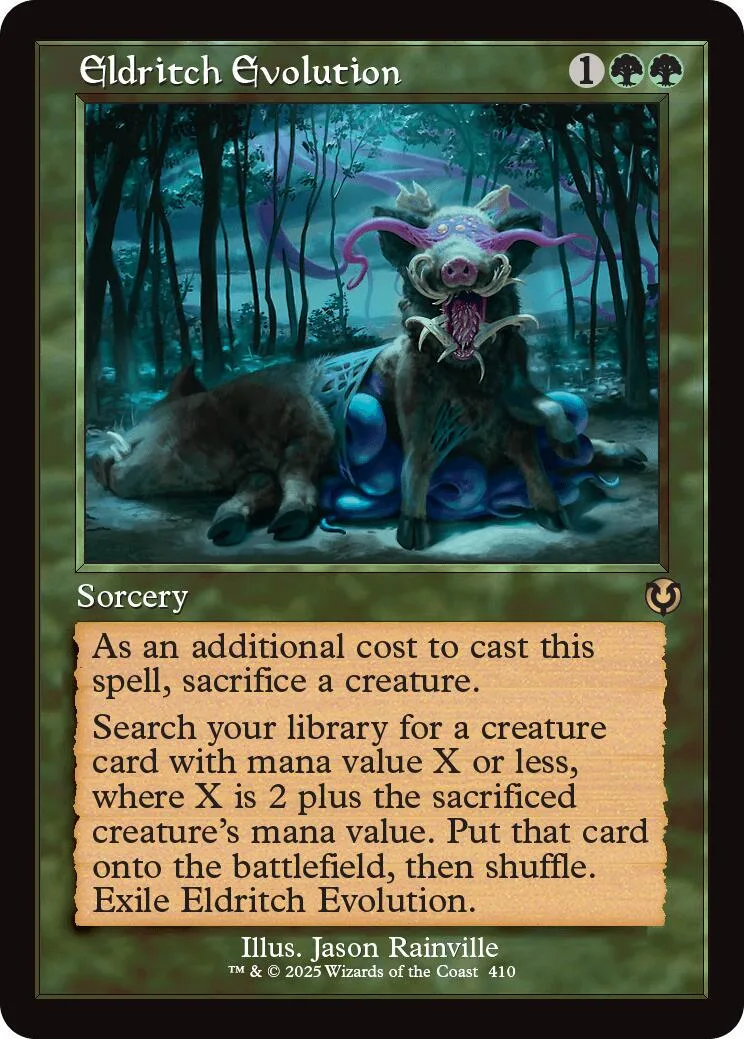 Dark, monstrous creature on a forest floor, Eldritch Evolution Magic: The Gathering card.