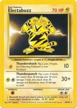 Yellow and black zigzag Pokémon card, Electabuzz, with attack stats visible.