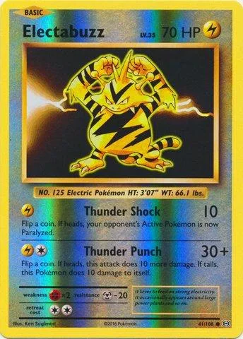 Yellow and black zigzag Pokémon card, Electabuzz, with lightning effects.