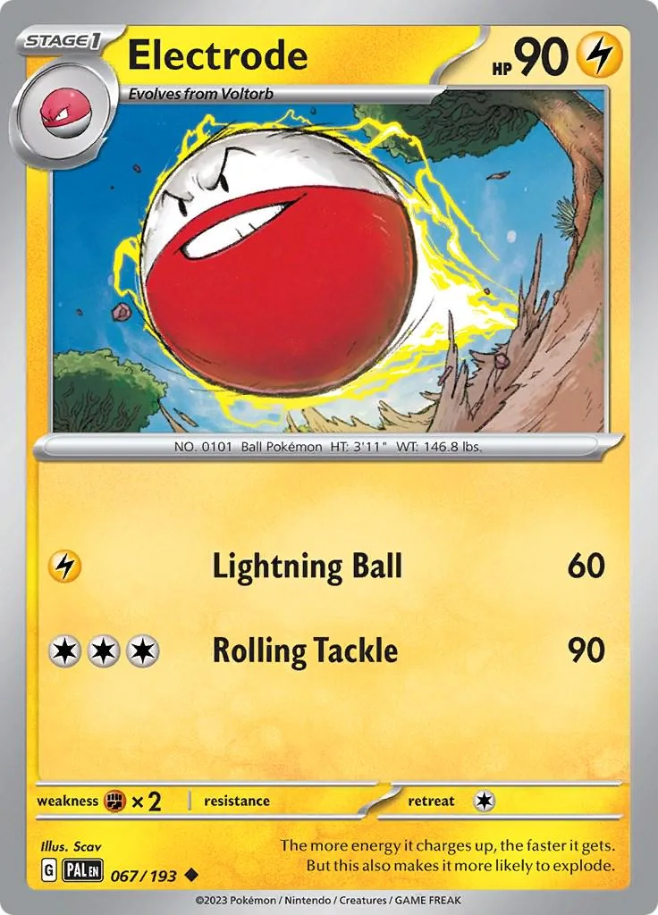 Red and white sphere Pokémon card, Stage 1 Electrode, 90 HP.