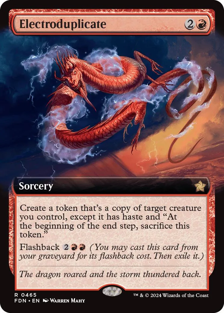 Red dragon in stormy sky on a Magic: The Gathering card.
