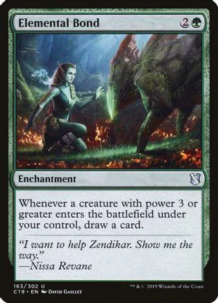 Green and blue card art shows woman near large creature amidst fire.