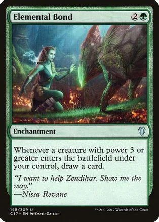 Green and blue card art shows woman near large, dark creature in fiery forest.