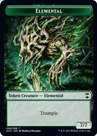Green, gnarled tree creature card art. Token Creature - Elemental, Trample ability.