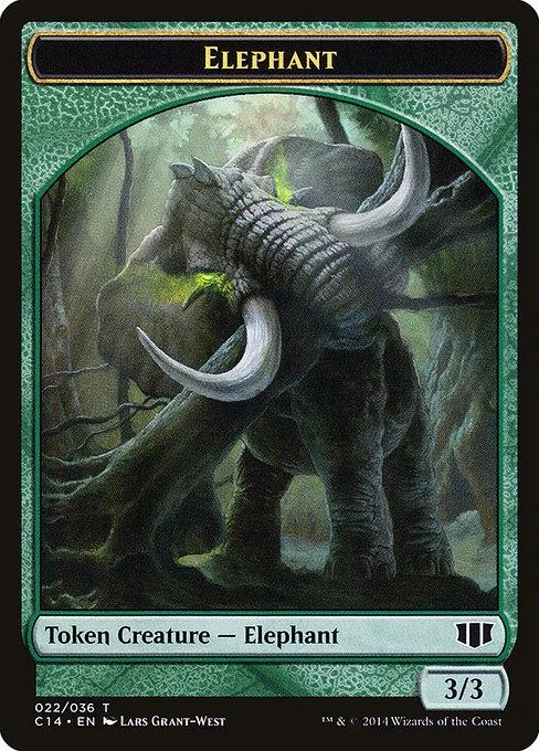 Dark elephant creature in jungle setting on a green card.