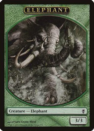 Black and white elephant creature card art, green border, 3/3 stats visible.