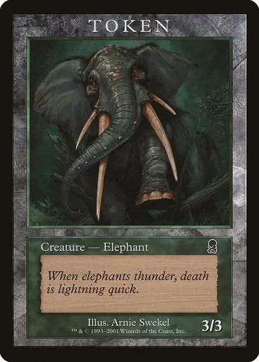 Elephant creature card art, dark green and grey tones, showing a large elephant.