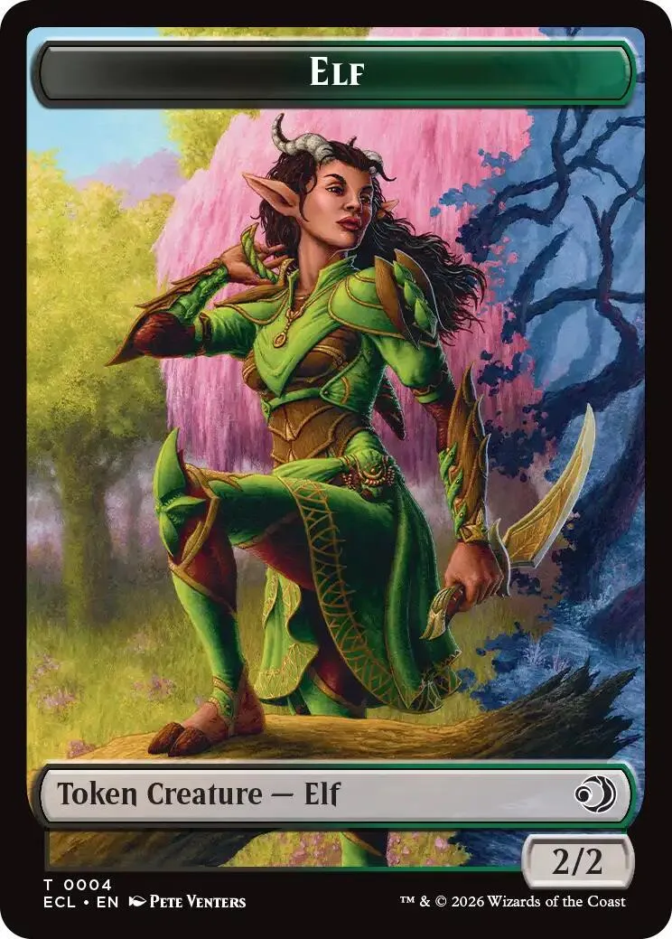 Green elf creature card art, standing in a forest setting.