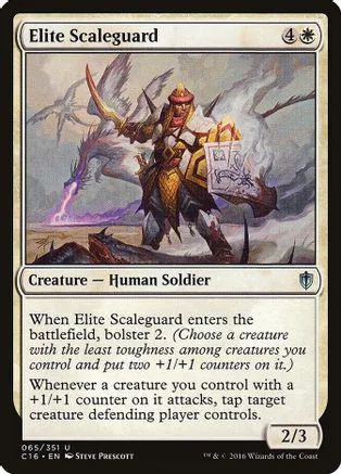 Card art shows armored warrior with weapon against stormy sky. Elite Scaleguard.